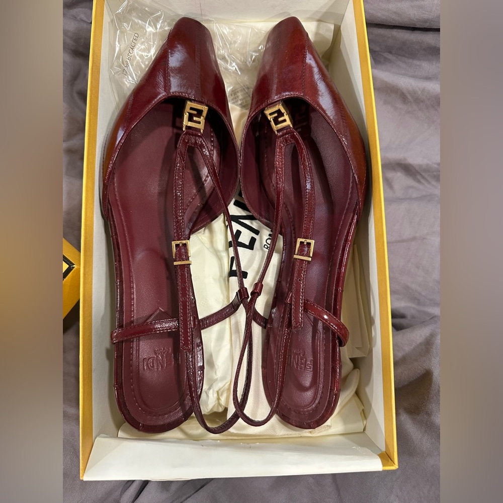 Fendi Burgundy Leather T-Strap Slingback Flats with Gold Hardware